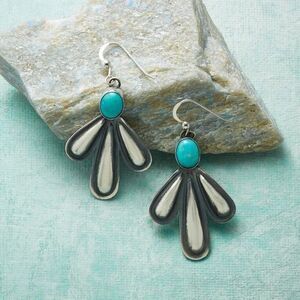Boho Southwestern Faux Turquoise Stone Fan Silver Tone Dangle Earrings